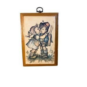 VTG Evans Kissing Children Litho Wood Plaque 1972 Hummel Style MCM Wall Art Read